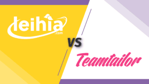 Comparatif visuel entre Leihia Talent Acquisition Suite et Teamtailor, deux logiciels de recrutement (ATS). Le visuel met en évidence les différences majeures en matière d’expérience candidat, d’intelligence artificielle, d’onboarding et de personnalisation du recrutement.