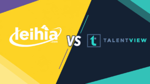 Visuel comparatif Leihia vs TalentView, deux solutions de recrutement, avec les logos des deux marques.