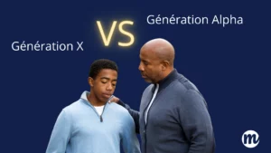 Image représentant le contraste entre la génération X et la génération Alpha. À gauche, un adolescent incarne les génération Alpha caractéristiques : immersion numérique, rapidité et curiosité. À droite, un adulte symbolise les génération X caractéristiques : autonomie, esprit critique et transmission de valeurs. Le visuel illustre le choc et la complémentarité entre génération X Y Z Alpha, un face-à-face intergénérationnel où les activités famille deviennent essentielles pour créer du lien.