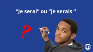 Image d’un adolescent tenant un marqueur avec un point d’interrogation rouge sur fond bleu. Le texte “Je serai ou je serais” s’affiche en haut. Illustration d’un exercice d’orthographe défi pour apprendre la différence entre “je serai” et “je serais”, avec corrigé exercice français, test orthographe interactif et fiche de révision pour aider les collégiens et lycéens à progresser.