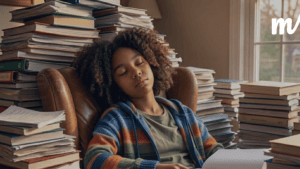 Adolescent fatigué après la reprise scolaire post-vacances, entouré de piles de livres, illustrant les difficultés de motivation ado pour les révisions et l’importance du sommeil et de la performance scolaire pour comprendre comment réviser après les vacances et préparer le brevet en 7 semaines dans de bonnes conditions.