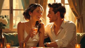 an image of a woman and a man celebrating some kind of event in a romantic restaurant