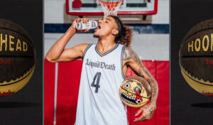 Basketball player Jalen Green looking upward to his right with his eyes closed while drinking a can of Liquid Death water in his right hand with a basketball cradled by his side under his left arm