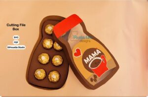 Archivo digital para recortar y armar caja en forma de café con soporte de chocolates incluye mamá y papá