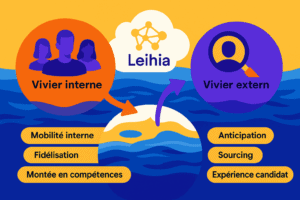 Illustration colorée représentant la gestion croisée des viviers de talents interne et externe à travers le logiciel de recrutement Leihia Talent Acquisition Suite, symbolisée par deux cercles reliés et un flux de données dynamique.
