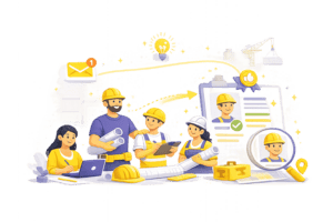 Illustration du recrutement dans le bâtiment avec équipe terrain, sélection de candidats et organisation du processus de recrutement.