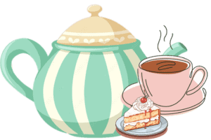 A tea pot, a cup of tea and a slice of cake