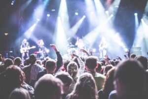 crowd in front of people playing musical instrument during nighttime