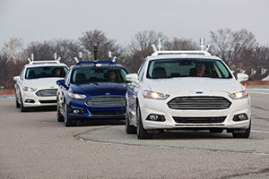 Automated vehicles could boost fuel efficiency by “platooning,” or following each other closely to reduce drag. Photo of automated Ford Fusion Hybrid research vehicles courtesy of the Ford Motor Company Media Center