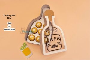Archivo digital para recortar y armar caja en forma de botella de tequila con soporte de chocolates, incluye letras