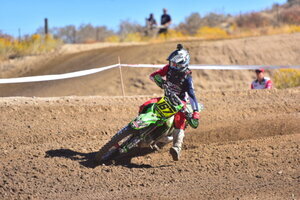 Zach Bell cornering his KX450 at 2019 Gorman NGPC