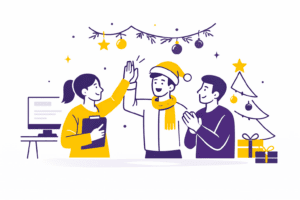 Illustration minimaliste aux couleurs jaune et violet Leihia représentant des collaborateurs célébrant Noël ensemble dans un esprit d’équipe et de collaboration.