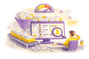 Illustration d’un logiciel de recrutement ATS saturé par un volume massif de candidatures à traiter