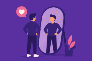 Illustration flat design d’un professionnel retrouvant confiance en lui face à son reflet.