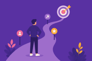 Illustration flat design d’un professionnel cherchant à se repositionner dans sa trajectoire professionnelle.