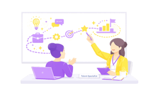 Illustration représentant un Talent Specialist accompagnant un candidat dans l’analyse de son parcours professionnel et de ses appétences.