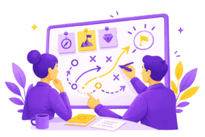 Illustration représentant un Talent Specialist et un candidat construisant ensemble un projet professionnel concret et un plan d’action structuré.