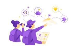 Illustration représentant un Talent Specialist et un candidat explorant ensemble différentes pistes professionnelles afin d’identifier les cohérences de parcours.