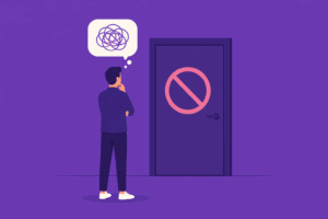 Illustration flat design d’un candidat face à une porte bloquée symbolisant les difficultés rencontrées lors des entretiens d’embauche.