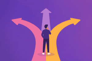 Illustration flat design d’un professionnel face à plusieurs directions possibles symbolisant un choix de trajectoire professionnelle.