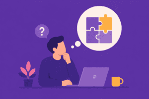 Illustration flat design d’un professionnel s’interrogeant sur son adéquation avec son poste actuel.