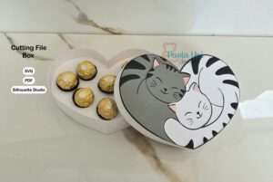 Archivo para recortar y armar caja en forma de corazón con diseño de gatos
