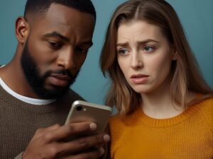 Man texting on phone secretly while wife looks worried, Signs of emotional cheating illustrated by husband hiding messages