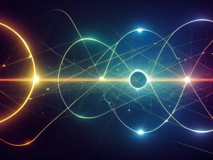Vibrant and dynamic abstract light trails with circular patterns on a dark backdrop.