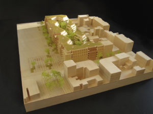 maquette en bois du projet de grand paris àménagement à Asnières par Antonini Darmon au 1/500ème