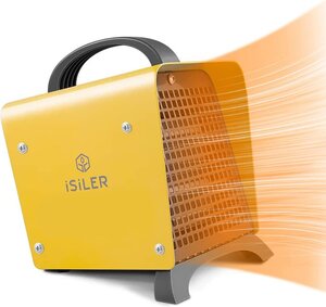 A yellow industrial-style tent heater blasts 1500W of power out of one meshed side.