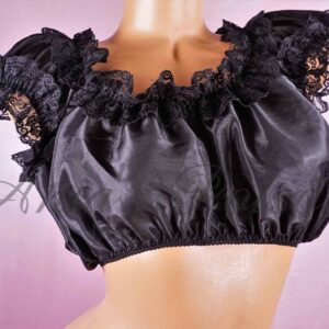 Ania's Sissy STIFF Black Satin shiny lacy Ruffled pull over crop top Bra sleep top shirt