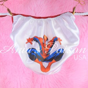 Ania's Sissy white Satin string Bikini Spider Hero shiny wetlook men's character print panties sz L
