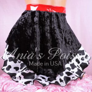 Ania's Sissy OOAK Garter Maid Apron Skirt black Velvet, Red VINYL waistband, Cow Print Satin Ties at Back, 4 Garter Clips