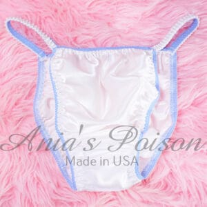 Ania's Sissy SATIN White string Bikini baby Blue trim shiny men's panties sz M