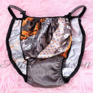 Ania's Sissy SATIN Halloween string Bikini Orange Gray Spiders Skulls striped men's panties sz M