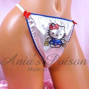 Ania's Sissy white Satin Zodiac Libra Kitty string Bikini DUCHESS CUT shiny wetlook MEN'S panties sz 5/S