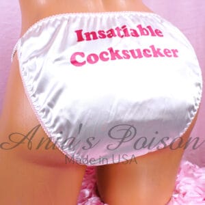 Ania's 80s style DUCHESS cut SATIN Naughty Text string bikini Women's cut panties sz 7/L