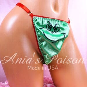 Ania's Sissy Soft Satin Thong Green Grouchy Face adjustable sides shiny men's panties One Size