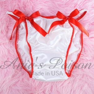 Ania's Sissy White Satin string bikini Red Trim Big Red Bows shiny men's panties sz M