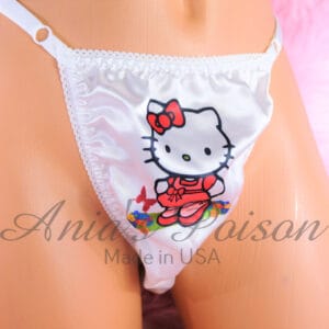 Ania's Sissy Satin Thong Little Garden Cat character print adjustable sides men's panties One Size
