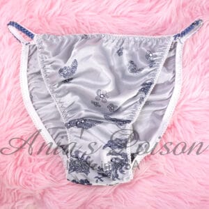 Ania's Sissy Satin string bikini Silver floral lace print shiny wetlook men's panties sz L