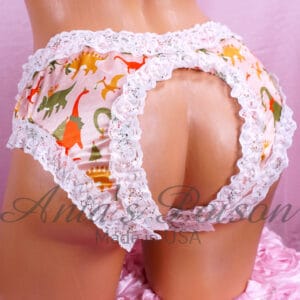 Ania's Sissy satin Fully Open frilly Lacy baby Pink xmas Dino print shiny crotchless unisex humiliation panties One Size only
