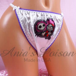 Ania's Sissy white Satin string Bikini Duchess Cut Jack & Sally print shiny wetlook men's character print panties sz 5/S