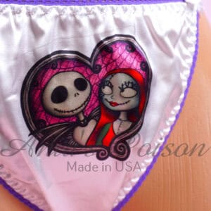 Ania's Sissy white Satin string Bikini Duchess Cut Jack & Sally in Love print shiny wetlook men's panties sz 5/S