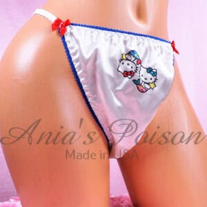 Ania's Sissy white Satin string Bikini Duchess Cut Zodiac Cat print shiny wetlook men's character print panties sz 7/L