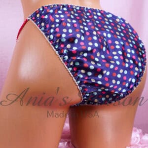 Ania's Sissy Satin string Bikini Rainbow Navy Polka Dot shiny wetlook men's panties sz M