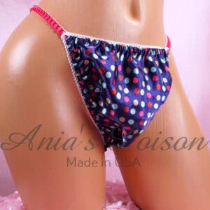 Ania's Sissy Satin string Bikini Rainbow Navy Polka Dot shiny wetlook men's panties sz S