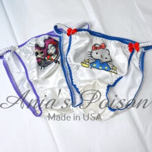 Ania's Sissy white Satin string Bikini 2 Piece Duchess Cut shiny wetlook men's character print panties sz 5/S