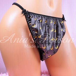 Ania's Sissy Satin string Halloween panties Black Cats and moons shiny wetlook men's panties sz XL