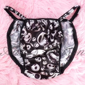 Ania's Sissy Satin Christmas Nightmare string Bikini Black Pumpkin King Faces shiny wetlook men's panties sz S